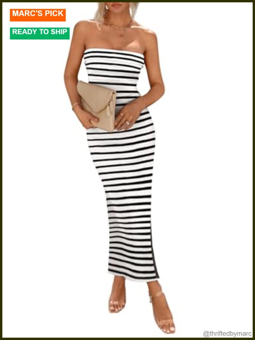 Ribbed Knit Strapless Bodycon Maxi Dress with Slit